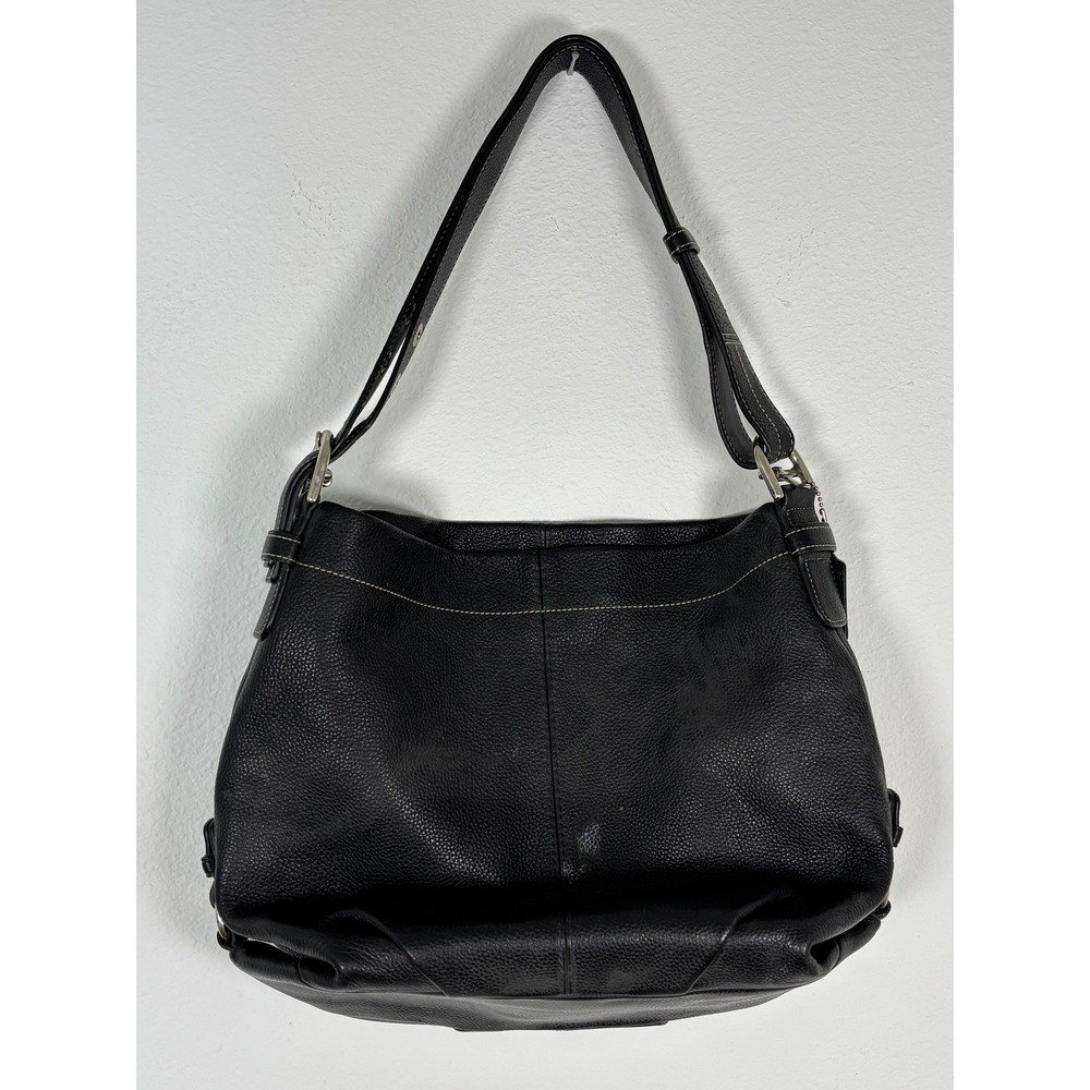 Coach‎ Black Pebbled Leather Hobo Shoulder Bag White Stitching Zip Pocket Large